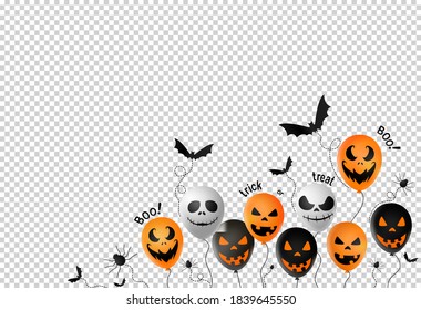 Halloween Party  Banner Background ,scary Balloons, Bat,spider, Spider Web Isolated  On Png Or Transparent  Background, Text Boo, Trick Or Treat  , Sale Banner Template ,website, Poster, Vector 
