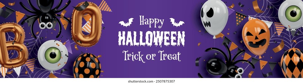 halloween party banner with party balloons, confetti and pennants