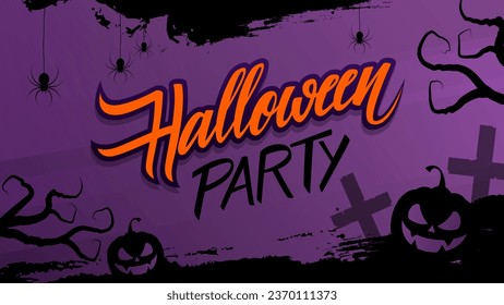 Halloween Party banner with black brush strokes, hand lettering and traditional Halloween holiday spooky symbols. Vector illustration.