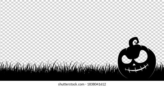 Halloween party banner  with black scary pumpkin face, grass field, isolated on png or transparent background, space for text, sale template ,website, poster,  vector 