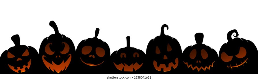 Halloween party banner  with black scary pumpkin face isolated on white  background, space for text, sale template ,website, poster,  vector illustration 