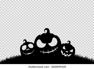 Halloween party banner  with black scary pumpkin face, grass field, isolated on png or transparent background, space for text, sale template ,website, poster,  vector 