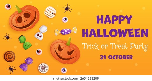 Banner de festa de Halloween com abóboras de desenho animado, doces, aranhas no fundo laranja. Modelo de design de truques ou tratamentos
