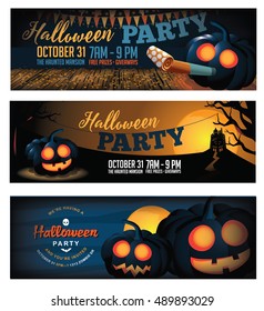 Halloween party banner collection with pumpkins, bunting and confetti. EPS 10 vector