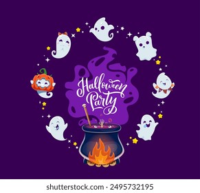 Halloween party banner, cute kawaii ghosts with witch potion cauldron. Vector holiday greeting card with cute cartoon spirits conjure magic by a bubbling pot. Apparitions swirl around the mystic brew