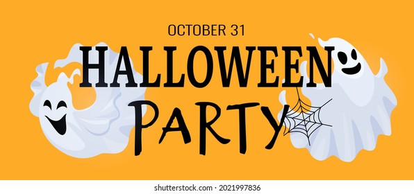 Halloween party banner. Cute scary ghost and black cobweb. Cartoon spooky ghosts vector characters