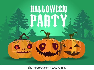 Halloween party banner design. Carved pumpkins with forest silhouette in green background. Template can be used for flyers, poster, invitations