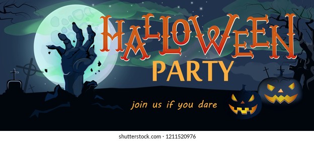 Halloween party banner design. Pumpkin lanterns, hand rising from grave and full moon in background. Template can be used for flyers, posters, invitation cards