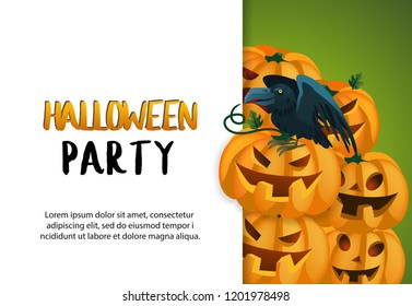 Halloween party banner design with raven and pumpkins. Realistic lettering can be used for invitations, signs, announcements