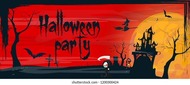 Halloween party banner design with witch flying on broom, grim reaper walking over graveyard with gothic house on red background. Lettering can be used for invitations, signs, announcements