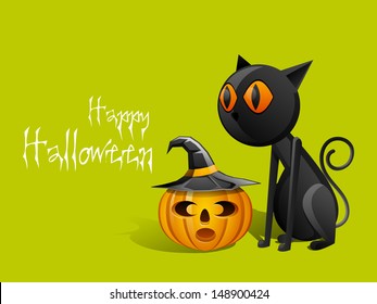 Halloween party banner, flyer or poster with pumpkin and black domestic cat on green background.