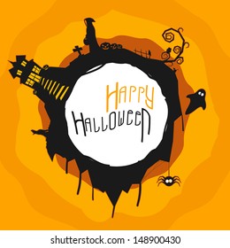 Halloween party banner, flyer or poster with scary pumpkins, ghost, haunted house and spider on yellow background.