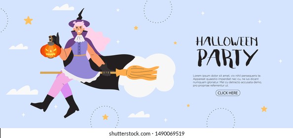 Halloween party banner, flyer, poster,  landing page or blog post with a witch girl flying on a broom. Halloween background with a cute girl character in a witch costume who is holding a pumpkin,