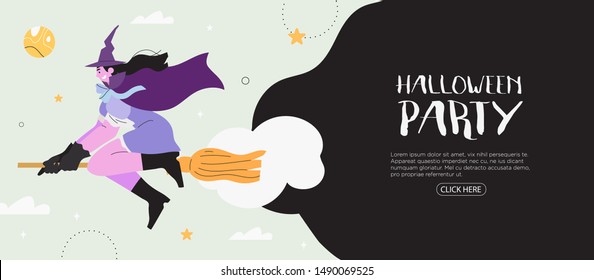 Halloween party banner, flyer, poster,  landing page or blog post with a witch girl flying on a broom. Halloween background with a girl character in a witch costume who fly in a night october night.