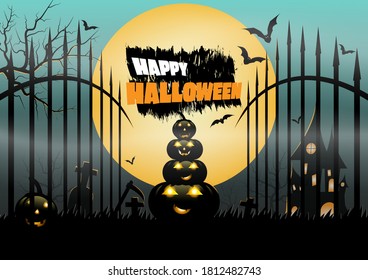 Halloween party banner, Fullmoon, Haunted House, Pumpkins in the graveyard. Holiday party invitation poster, greeting card, party invitation, Vector illustration.