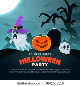 
Halloween Party banner. With ghost, moon, skull and pumpkin. Spooky background
