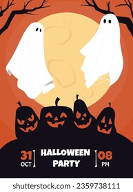 Halloween party banner. Ghost near pumpins silhouettes at cemetery. International holiday of fear and horror. Greeting and invintation postcard design. Cartoon flat vector illustration
