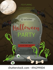 Halloween party banner. A gravestone with an inscription and the zombie hands a festive poster. Retro cartoon style vector illustration