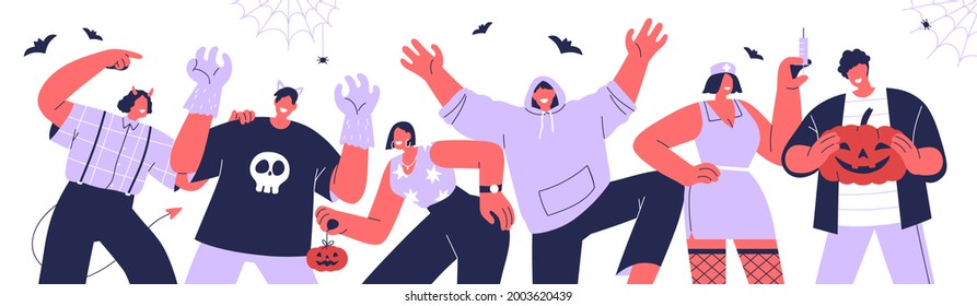 Halloween party banner with group of happy people celebrating holiday. Friends at creepy October festival celebration with pumpkins and costumes. Colored flat vector illustration isolated on white