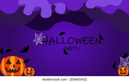 Halloween Party banner or party invitation background with abstract clouds, pumpkin.  Vector illustration. Spiders web and flying bats.
