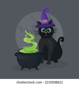 Halloween party banner, invitation card for holidays. with cauldron steel boiler with boiling magic brew or steaming goo. and the black cat. 