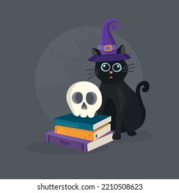 Halloween party banner, invitation card for holidays. with magic books and the black cat. 