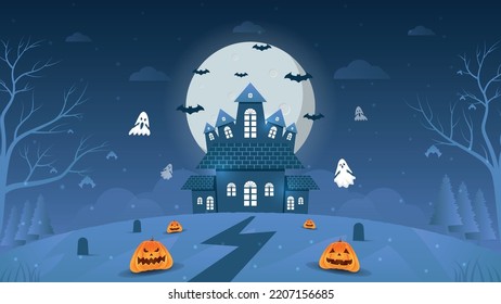 Halloween party banner invitation or celebration background with flying bats in night pumpkins style. promo or greeting banner, traditional Halloween elements on a light background.