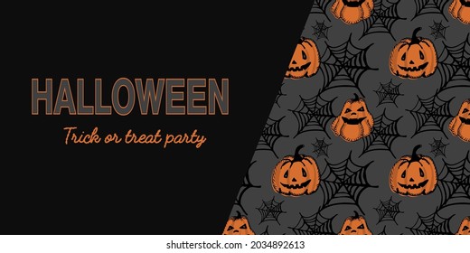 Halloween party banner, invitation or greeting card with pumpkins and webs. Vector illustration
