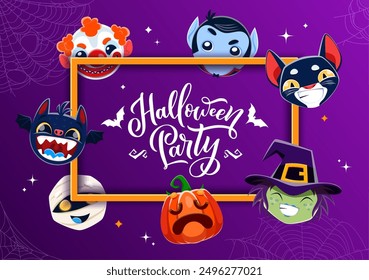 Halloween party banner with kawaii holiday emoji characters. Clown, vampire, black cat and bat, mummy, pumpkin and witch faces. Vector greeting card with cute funny spooky emoticon personages