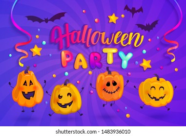 Halloween party Banner for kids for Happy holiday with monster pumpkins, bat, spiders and confetti on sunburst background. Template for web,poster,flyers, ad,promotions, blogs.Vector illustration.