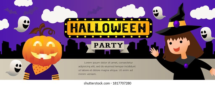 Halloween party banner, Little witch with pumpkin halloween having fun,  Purple background with floating clouds and cute ghosts are flying.