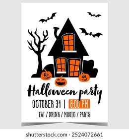 Anuncio de fiesta de Halloween con casa de pesadilla, calabazas de cara de miedo y murciélagos horribles. Cartel o folleto de Vector para invitar a celebrar la víspera de Todos los Santos con eventos divertidos y de entretenimiento.