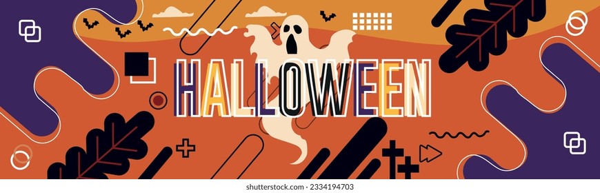 Halloween party banner for October event, orange purple background and scary smiling pumpkin, white ghost, flying black bats, scarecrow, creepy witch.