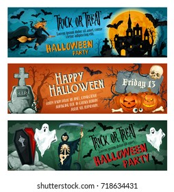 Halloween party banner for october holiday celebration invitation template. Horror ghost and bat, Halloween pumpkin and spooky skeleton skull, witch and cemetery gravestone greeting poster design