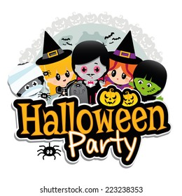 Halloween Party Banner on a white background with children dressed in costumes as dracula, vampire, witches, frankenstein, mummies with pumpkins, spiders, bats and a full moon.