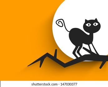 Halloween party banner, poster or background with black cat on dead tree branch. 