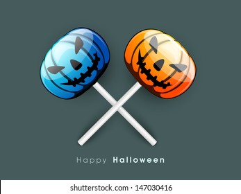Halloween party banner, poster or background with scary smiling pumpkins on abstract green background. 