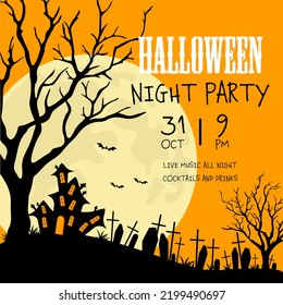 Halloween party banner, poster, invitation or flyer with witch's house, cemetery, grave crosses, flying bats, tree with fallen leaves and giant moon in the orange background. Vector illustration.