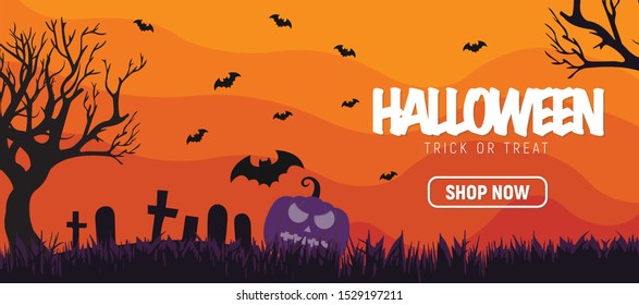 Halloween Party Banner With Pumpkin Skull Illustration