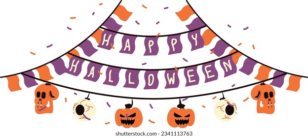 Halloween party banner with pumpkins and flags. Vector illustration.