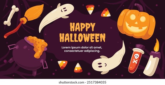 Halloween party banner, purple background, scary pumpkin head, witch cauldron, candies, ghosts, magic potion, candle, broomstick, bone, cute flat hand drawn style.