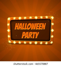 Halloween party banner. Retro label with glowing lamps. Vector illustration with shining lights in vintage style. Greeting card template.