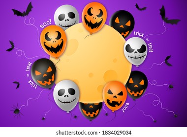 Banner de la fiesta de Halloween, globos espeluznantes, murciélago, araña, telaraña, luna llena aislada en fondo morado, boo de texto, truco o tratamiento, planilla de banner de venta, sitio web, afiche, ilustración vectorial 