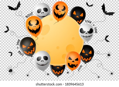 Halloween Party  Banner ,scary Balloons, Bat,spider, Spider Web ,full Moon Isolated  On Png Or Transparent  Background, Text Boo, Trick Or Treat  , Sale Banner Template ,website, Poster, Vector 