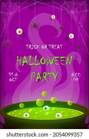 Halloween Party  banner. Scary eyes and spiders on web on purple background. Green potion in cauldron with eyes and bubbles. Illustration for cards, children's holiday design, invitations, banners