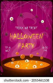 Halloween Party  banner. Scary eyes and spiders on web on purple background. Orange potion in cauldron with eyes and bubbles. Illustration for cards, children's holiday design, invitations, banners
