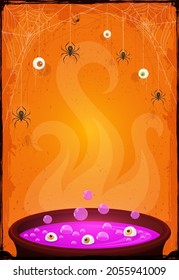 Halloween Party  banner. Scary eyes and spiders on web on orange background. Purple potion in cauldron with eyes and bubbles. Illustration for cards, children's holiday design, invitations, banners