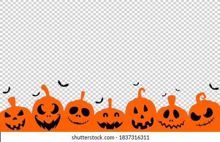 Halloween party banner  with scary pumpkin face , bats flying isolated on png or transparent background, space for text, sale template ,website, poster,  vector 