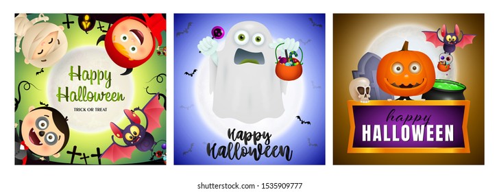 Halloween party banner set with ghost and monsters. Bat, pumpkin, pot. Lettering can be used for greeting cards, invitations, announcements
