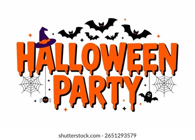 Halloween party banner, spooky bat and witch hat, spider web illustration, festive October celebration, Halloween invitation